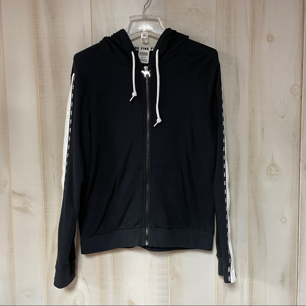 VS Pink Campus Dog Black White Full Zip Up Side Snap Sleeves Sz L Hoodie Jacket